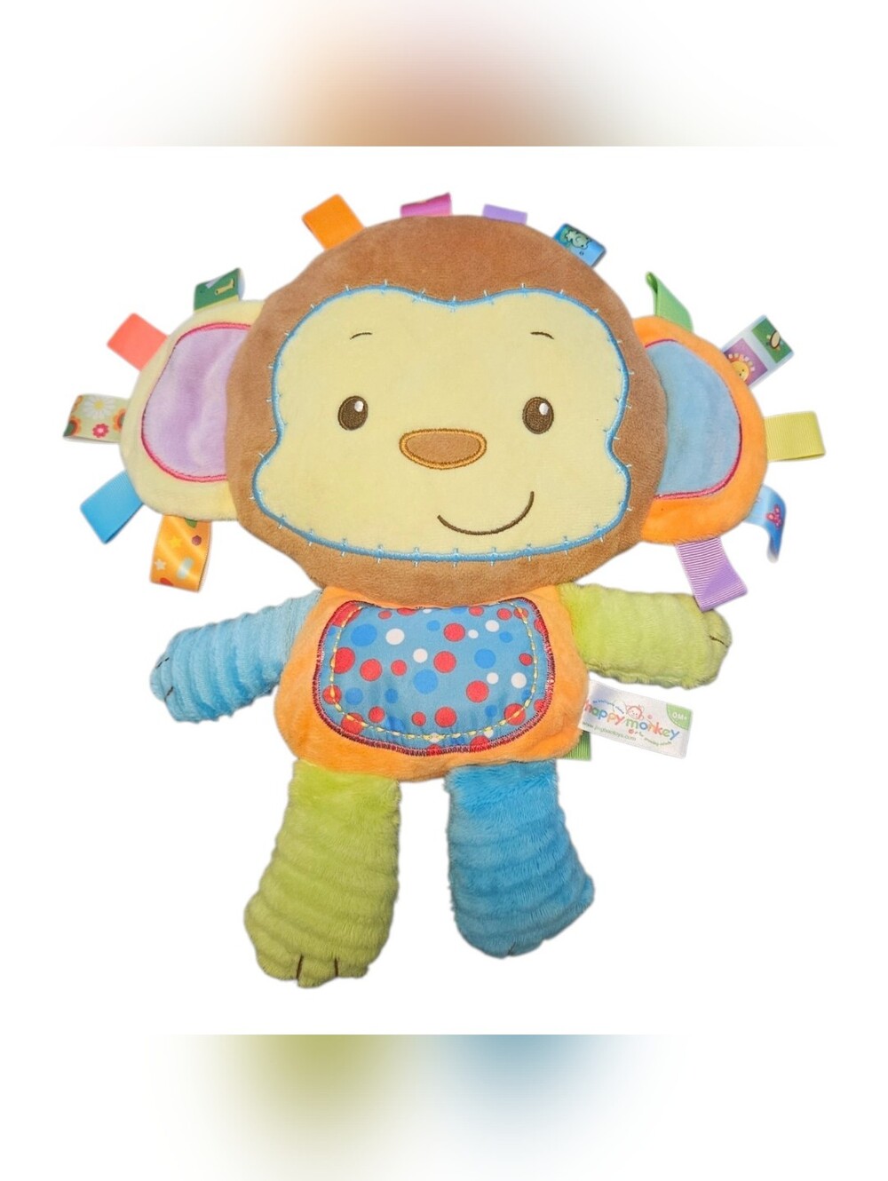 Happy Monkey Sensory Plush Rattle Security Infant Toy Lovey With Ribbon Tags